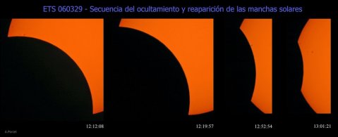 Secuencia de la ocultación de las manchas solares durante el eclipse (A.Porcel)